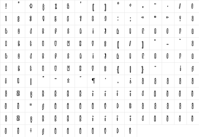 Thrownup Regular  glyph index