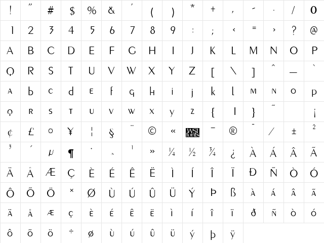 PenyaeLight Regular  glyph index