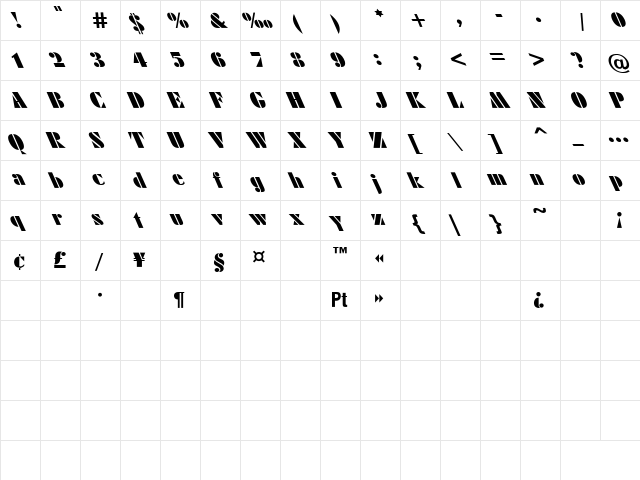 Futuri-Black-Leftified at Night Regular  glyph index