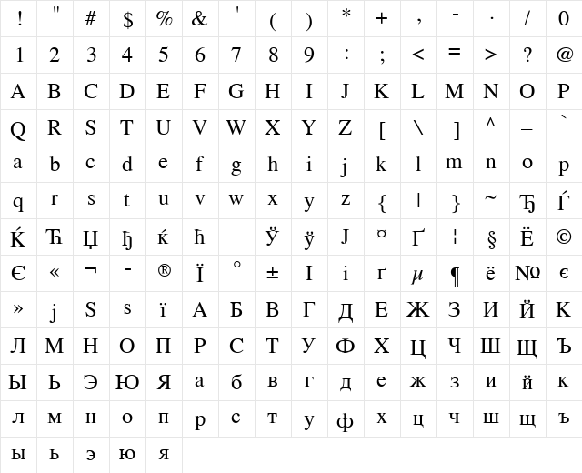 Vremya Regular  glyph index