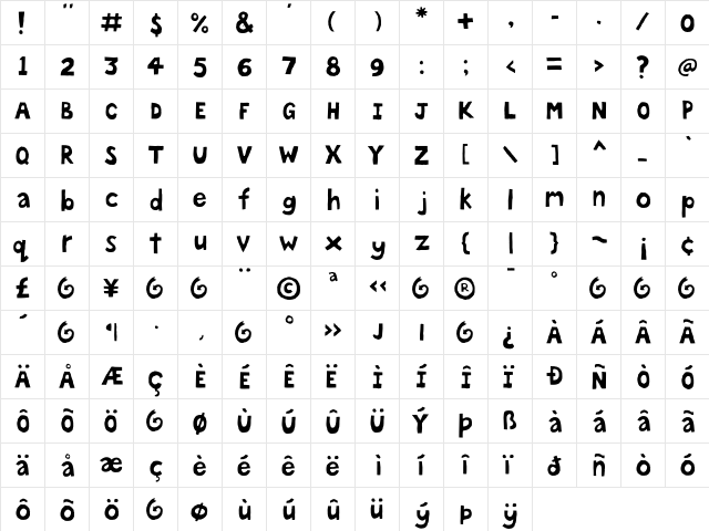 Bokka Solid  glyph index