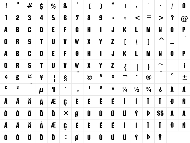 Machine BT Regular  glyph index