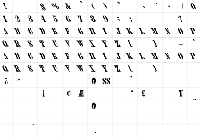 Juniper-Thin Leftie Regular  glyph index