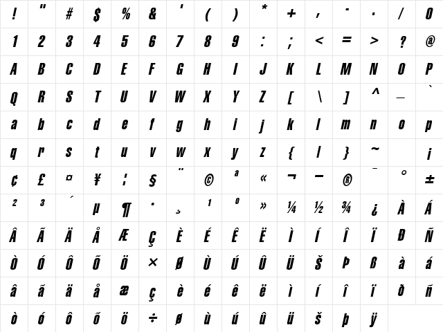 CorporateCompressedExtra Italic  glyph index