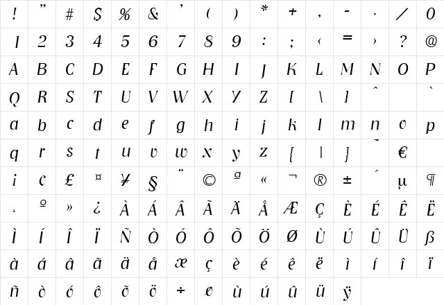 Nashville-LightIta Regular  glyph index