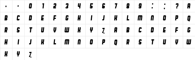 Broadway Flat Italic  glyph index