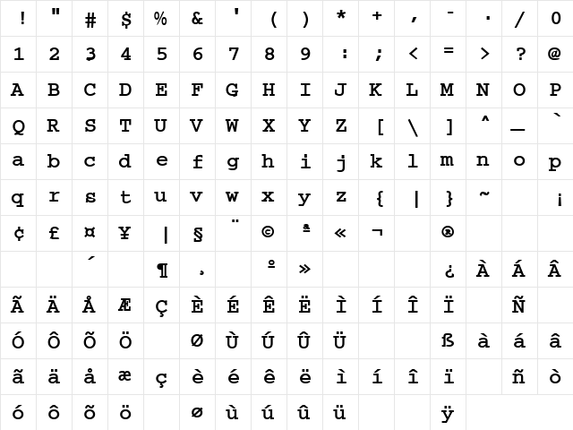 Weeny 1 Regular  glyph index