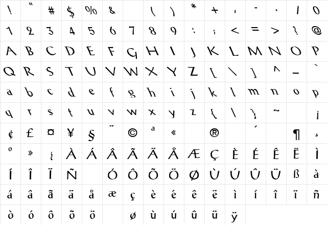 Post Antiqua-Roman  Leftified Regular  glyph index