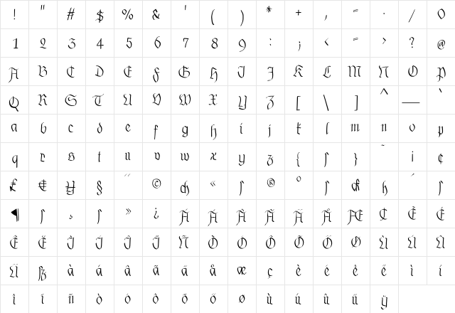 MKalligFrax Regular  glyph index