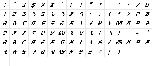 Beam Rider Bold Italic Bold Italic  glyph index