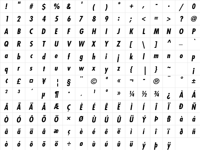 Futura Std Bold Condensed Oblique  glyph index