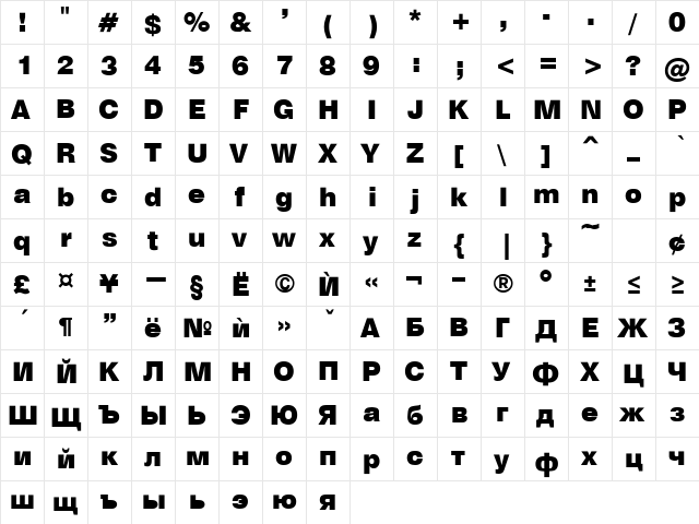 HebarBlack Normal  glyph index