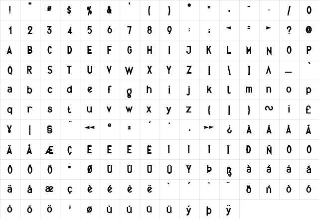 Quirkus Bold  glyph index