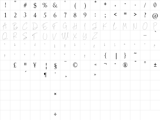 Bente Lite Regular  glyph index