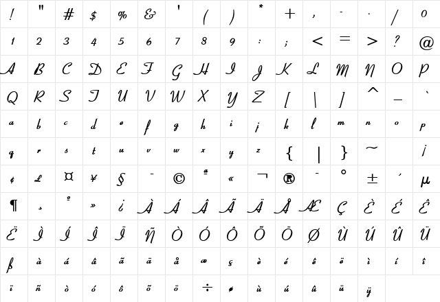 Bow Bold  glyph index