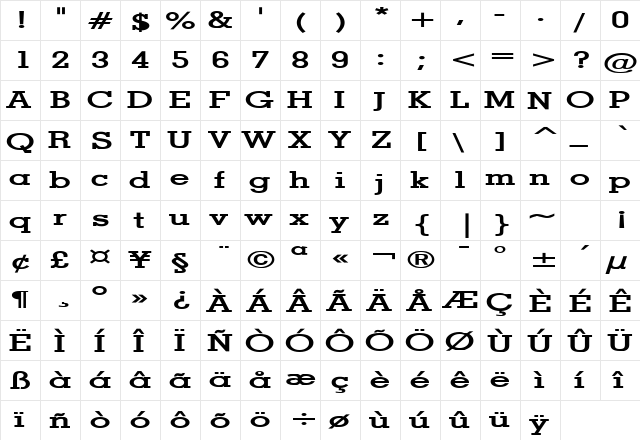 Geo Extended Bold  glyph index