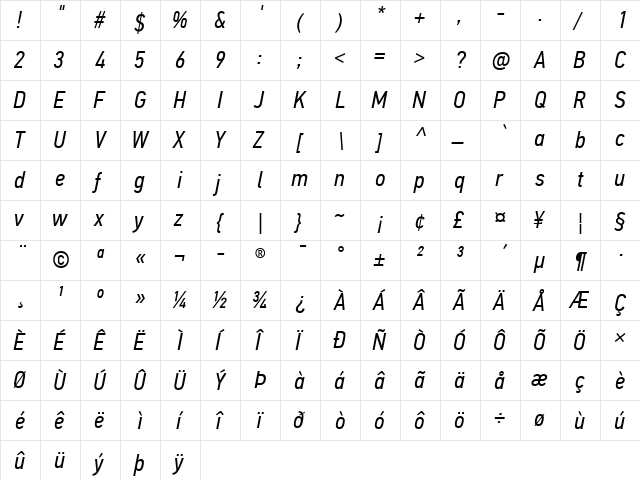 PF Din Text Cond Pro Italic  glyph index