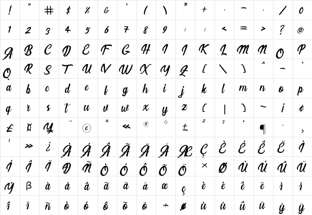Larssonia Script Regular  glyph index