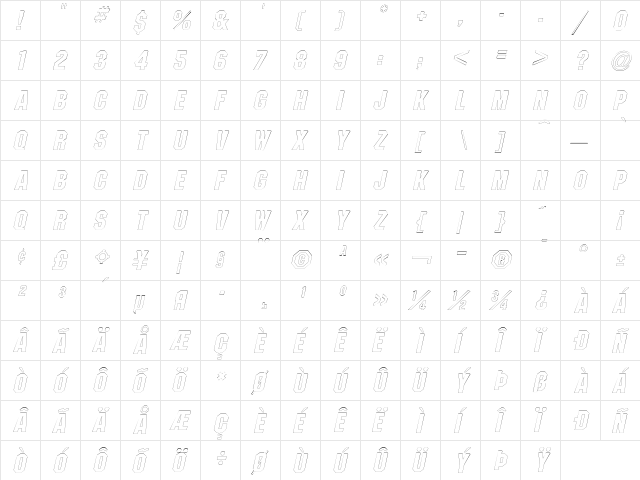 PittsburghOutline Oblique  glyph index