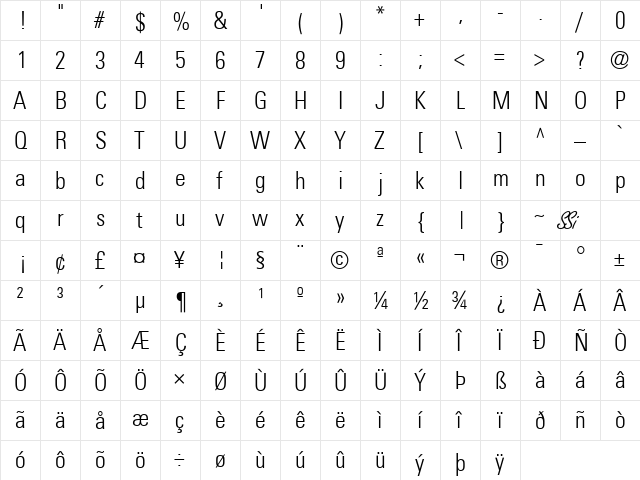 Nova Light Condensed SSi Light Condensed  glyph index