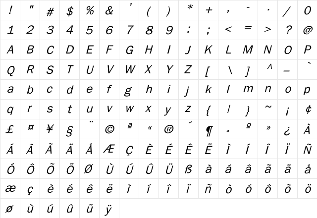 BillilinGothic Italic  glyph index