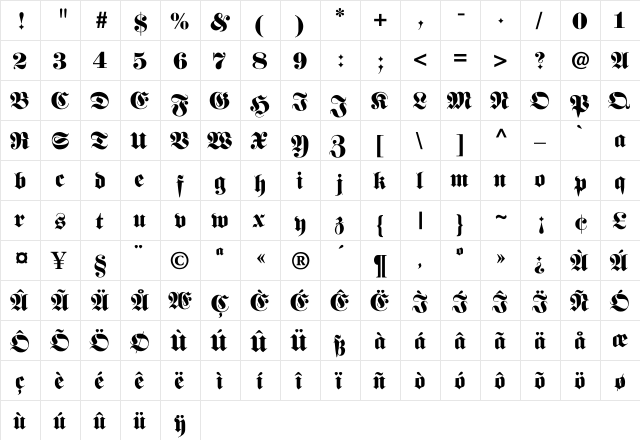 FetteFraktur Regular  glyph index