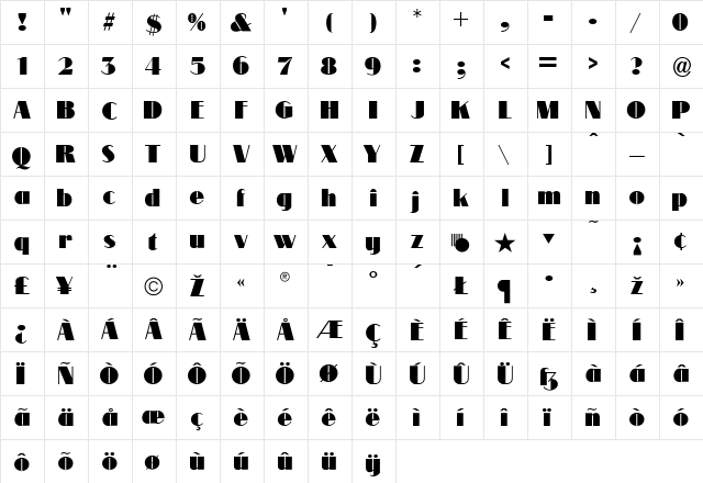 Modernique Regular  glyph index