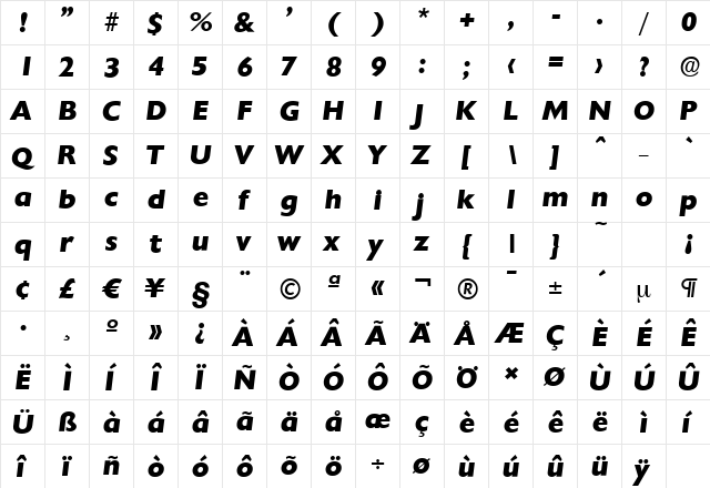 ChantillySerial-Xbold Italic  glyph index