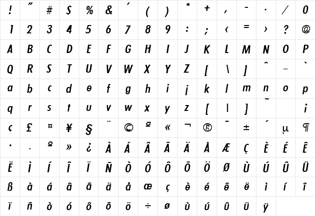 LimerickCond-Serial-Medium RegularItalic  glyph index