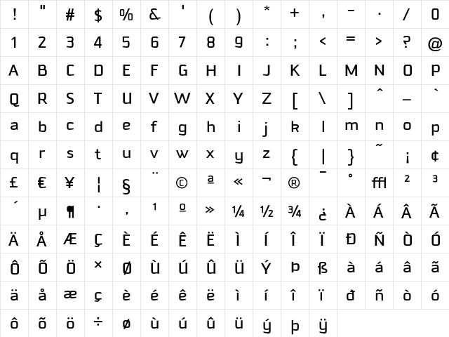 Downtempo Medium  glyph index