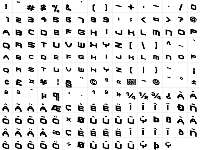 GarthWacky Bold  glyph index