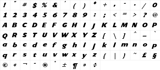 ArtemiusSans Black TT Regular Italic  glyph index