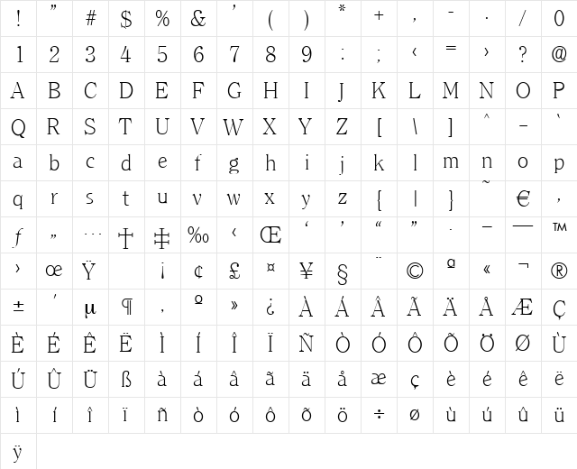 Clerface-Xlight Regular  glyph index