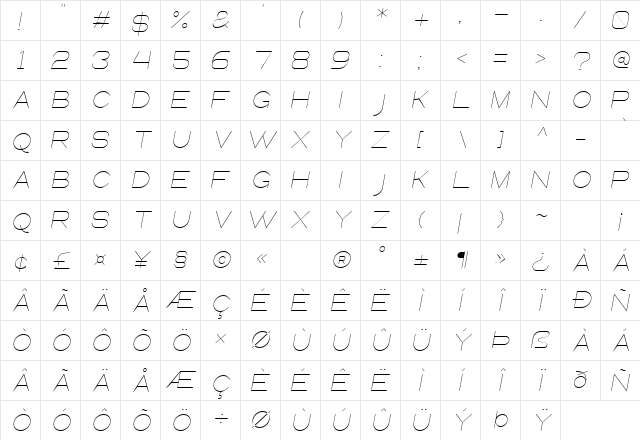 Queental Light Italic  glyph index