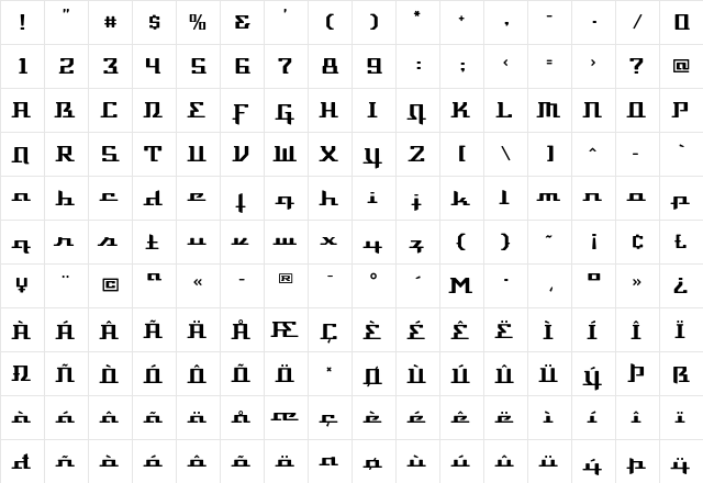 DevilleThruster-DeluxeOne Regular  glyph index