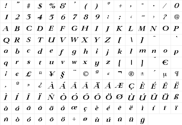 Lingwood-DemiBoldIta Regular  glyph index