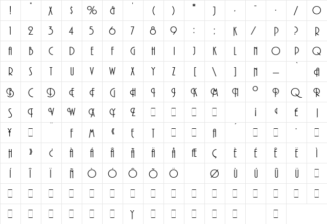 Plaza LET Plain  glyph index