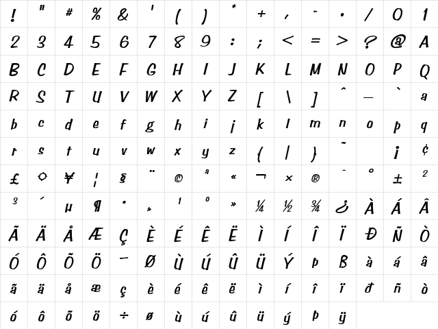 Stimpson HeavyOblique  glyph index