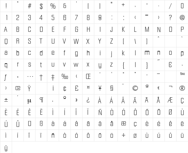 Diamante-Xlight Regular  glyph index