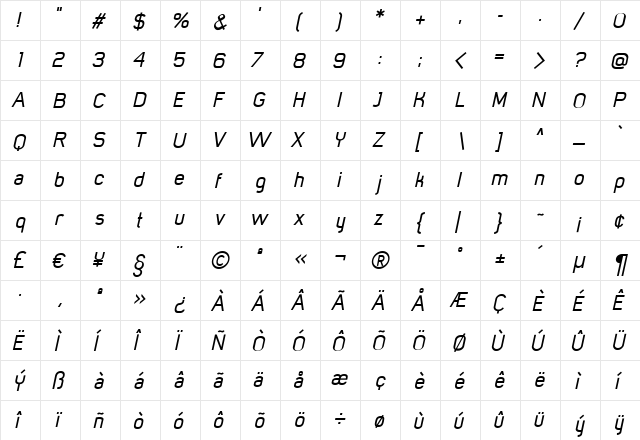 Mister Giacco Medium Italic  glyph index