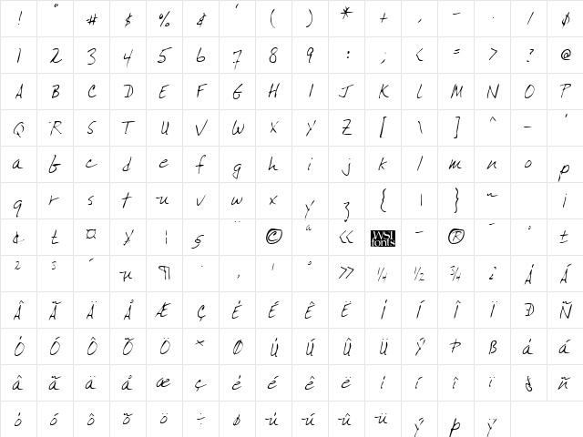 KimballsHand Regular  glyph index