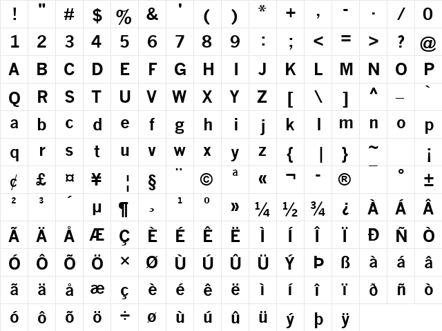 News Gothic MT Bold  glyph index