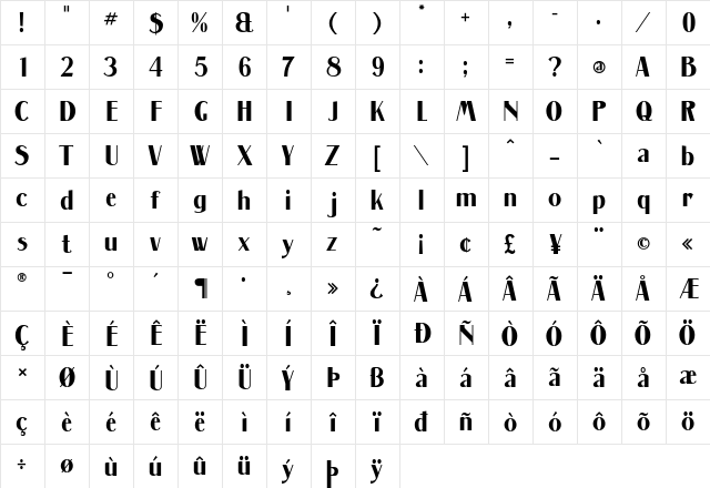 Massenet Bold Bold  glyph index