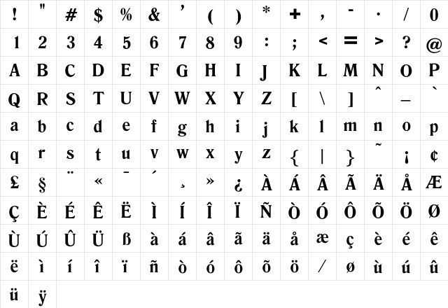EmiliaBold Regular  glyph index
