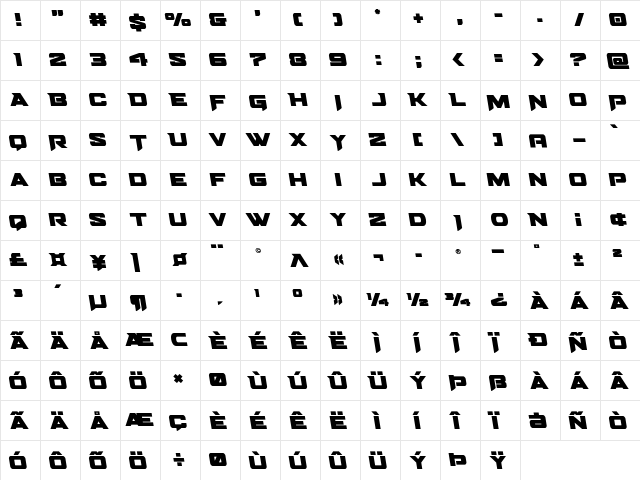 Bomber Escort Semi-Leftalic Regular  glyph index
