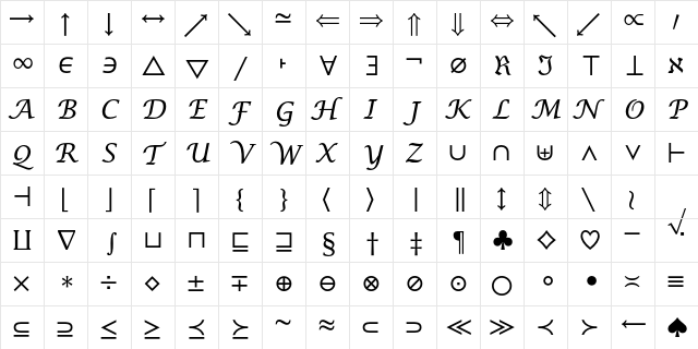 Lucida Math Symbol  glyph index