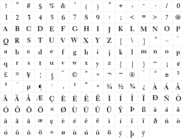 ElectraLH Bold  glyph index