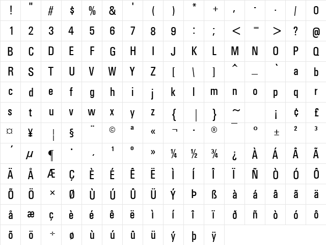 MilkyWayCondensed Regular  glyph index