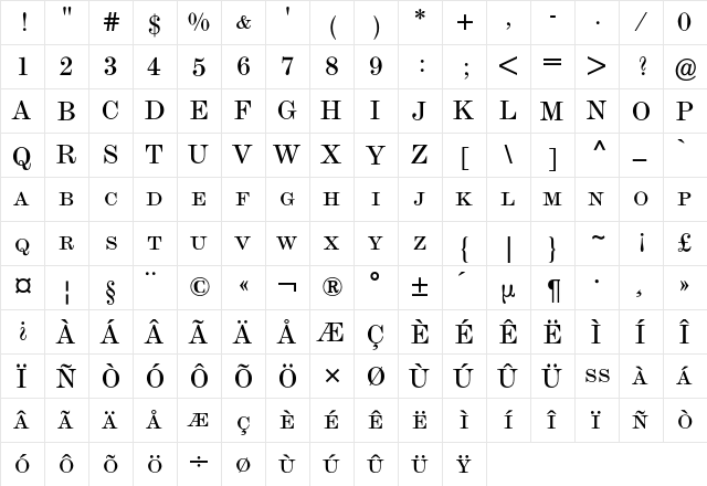 Modern Expert BQ Regular  glyph index