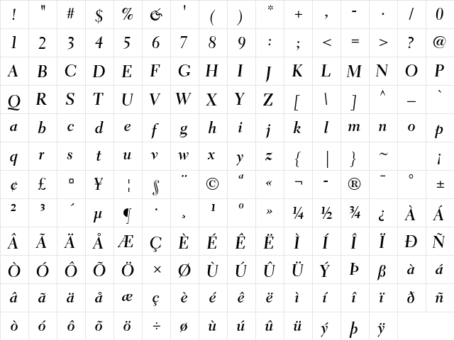 Electra LT Std Bold Cursive Display  glyph index